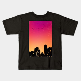 Colorful Sky w/ Birds and Buildings Silhouette Kids T-Shirt